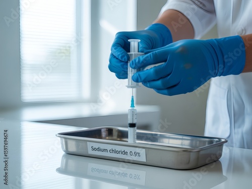 Photo of hands in gloves prepare a syringe with sodium chloride solution for injection