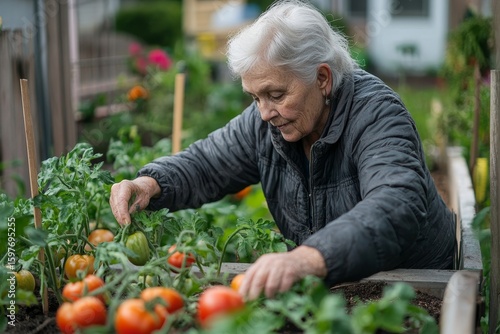 Senior woman tending to tomato plants in an urban garden, carefully watering tomatoes in raised beds within her apartment complex's community garden, promoting sustainability, Generative AI