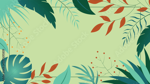 Decorative tropical leaf frame with orange berries and colorful foliage on light green background perfect for invitations posters banners and digital artwork