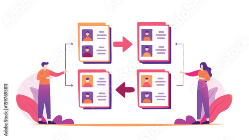 People exchanging profile cards with arrows indicating the direction of the exchange process flow