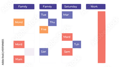 Illustration of a weekly schedule with categories family setunday and work using colored blocks