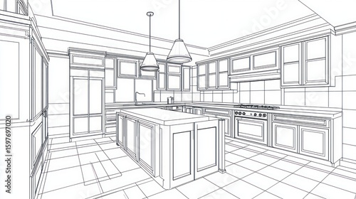 Architectural drawing of a modern kitchen design.