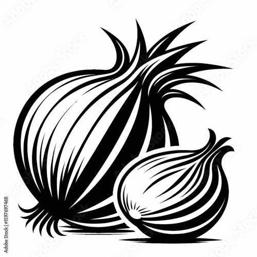 Onion. Cartoon Minimal Logo Clipart Silhouette Vector Line Art Illustration. Bulb vegetable for cuisine prep cooking ingredient natural flavor enhancer.
