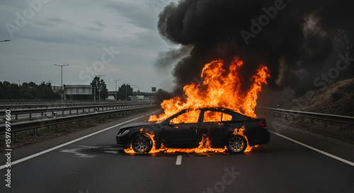 Bild auf Leinwand Burning car accident smoke flames emergency dangerous roadside situation