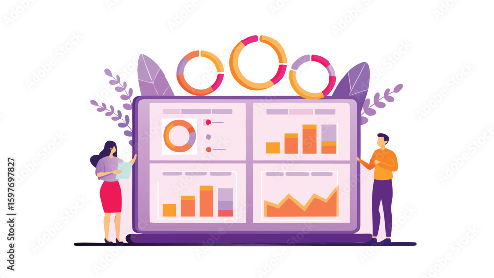 People analyzing data on a large screen with charts and graphs in a modern office setting view