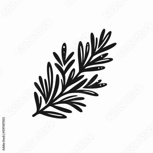 Rosemary. Cartoon Minimal Logo Clipart Silhouette Vector Line Art Illustration. Herb for cooking culinary usage aromatic evergreen shrub with needle foliage.