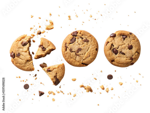 Delicious chocolate chip cookies breaking apart with crumbs scattered isolated on transparent background