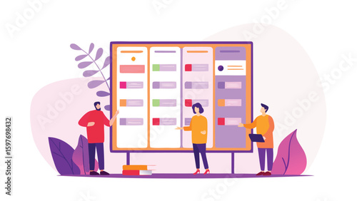 Team collaboration with kanban board showing project management and workflow visualization in office setting