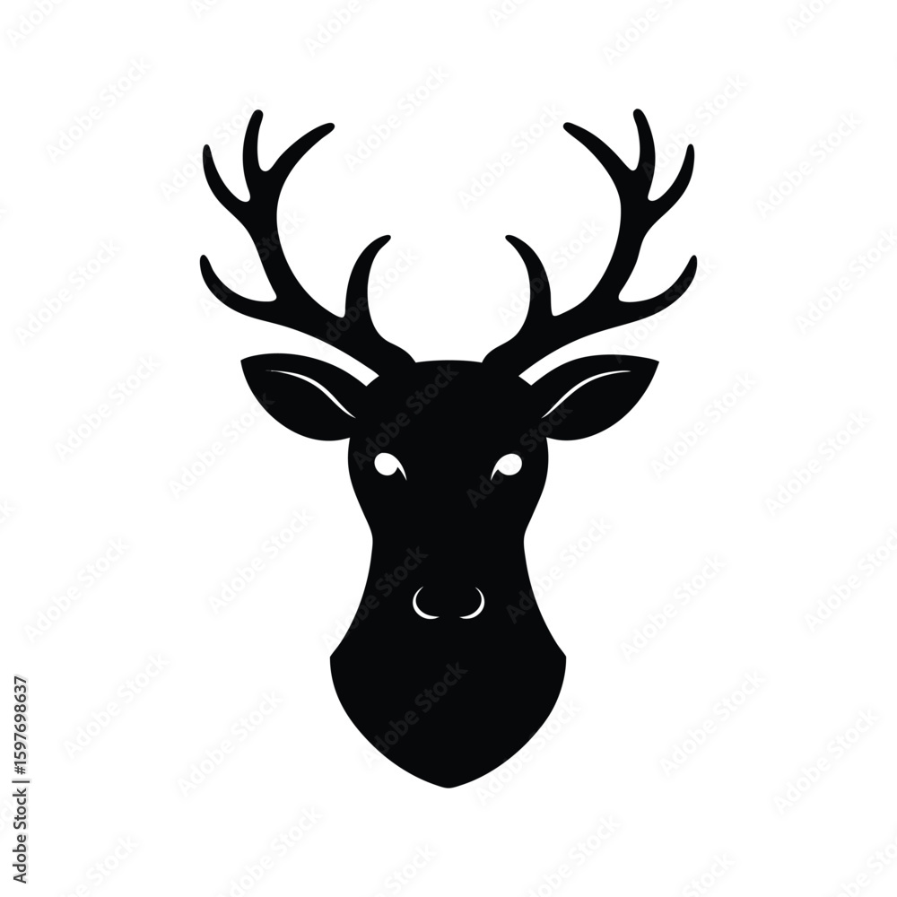 Naklejka premium Silhouette vector of a reindeer head with large antlers for winter forest wildlife and festive art Vector illustration