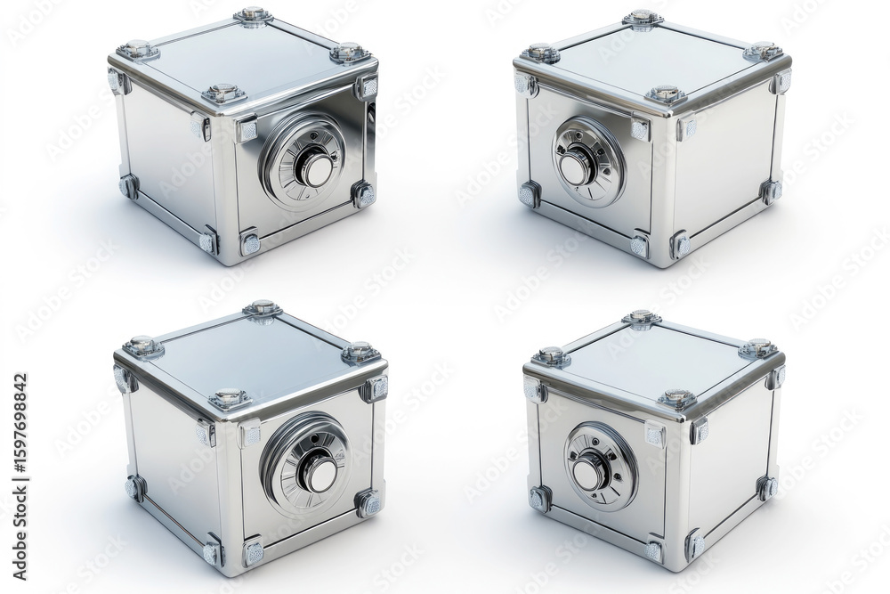 Fototapeta premium Four metallic cube safe with combination lock and detailed design against a white background