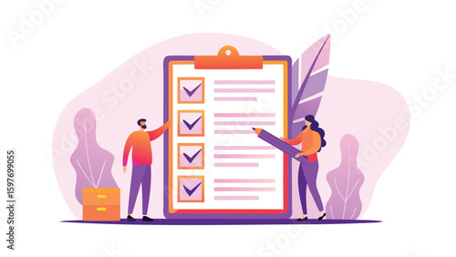 People completing a checklist on a clipboard with checkmarks and a pencil in a modern design style
