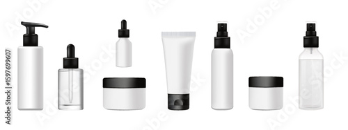 Realistic 3D cosmetic bottles, cream jars and tube, pump bottles, serum flasks, liquid soap with plastic and transparent clear glass variants. Isolated on white background. Vector illustration