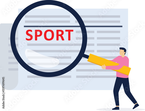 Magnifying glass highlighting the word "Sport" in a newspaper.

