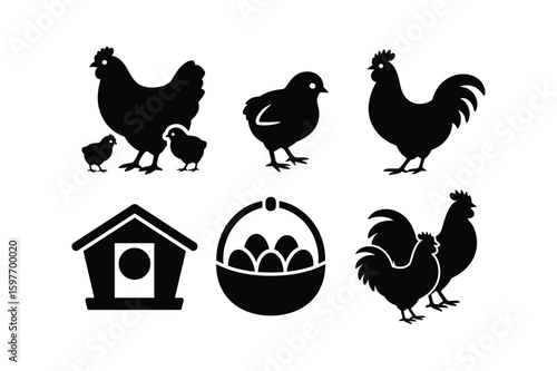 Silhouette of chickens chicks coop and basket of eggs rooster