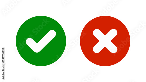 Set of tick and cross icons in green and red circles, isolated on transparent background.  Signs for right and wrong, yes and no, true and false. for lists, comparison tables and evaluation systems.