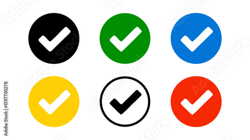 Set of colorful round tick vector icons in flat design, isolated on transparent background. Icons of approval, success, yes, ready, right, quality, affirmation
