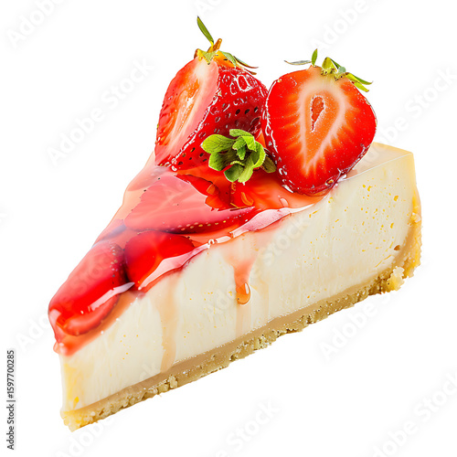 Slice of Cheesecake Topped with Fresh Strawberries and Strawberry Sauce