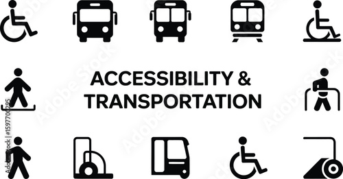 Accessibility and transportation symbols including wheelchair and buses