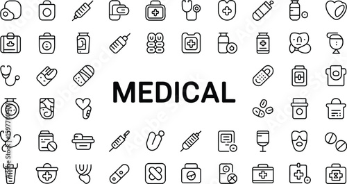 Illustration of various medical icons arranged on a white background