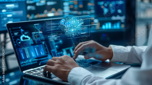 LLM large language model and custom AI solutions. Artificial intelligence driven automation technology. Businessman using laptop computer for training and instructing AI