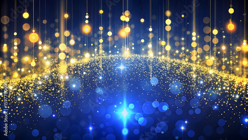 Sparkling golden and blue bokeh lights cascade down from suspended orbs against a dark navy background