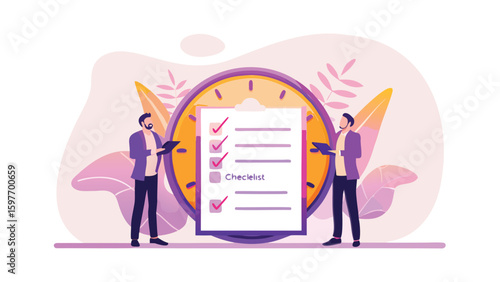 Two men flank a checklist with checkmarks and a clock in a stylized business illustration