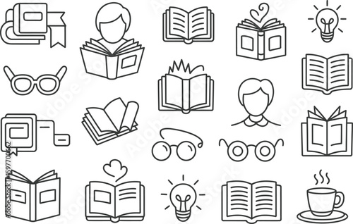 A collection of reading themed line art icons on a white background view