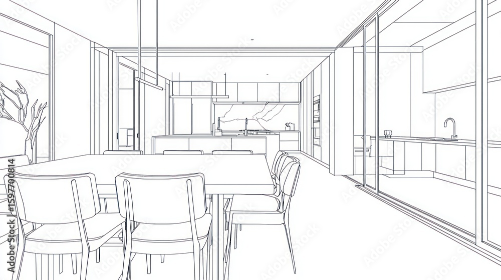 Fototapeta premium Open-plan kitchen and dining area design sketch.