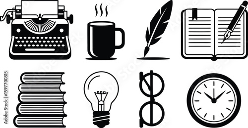 Flat lay illustration of writing related icons on a plain background area