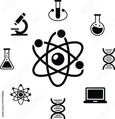 Illustration of scientific icons arranged around a central atom symbol
