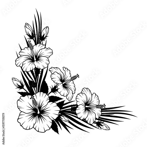 Corner floral design with hibiscus flowers and leaves in black and white