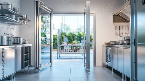 Modern stainless steel commercial kitchen with outdoor patio access.
