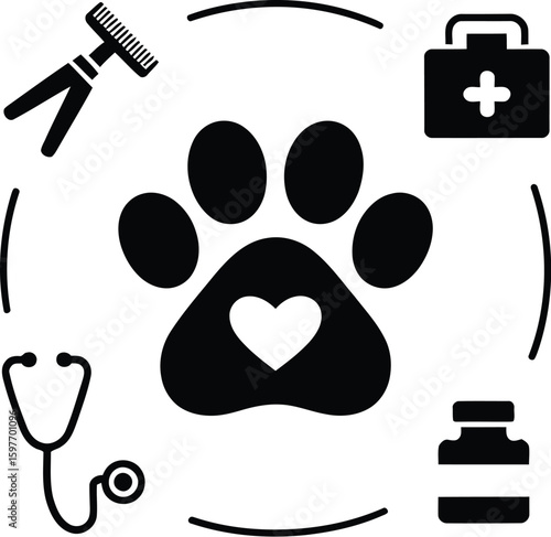 Black and white illustration of veterinary care symbols around a paw print