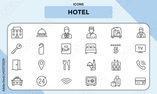 Hotel Line Icons Pack – Unique Vector Icons for Hospitality, Travel, Booking, and Accommodation Services
