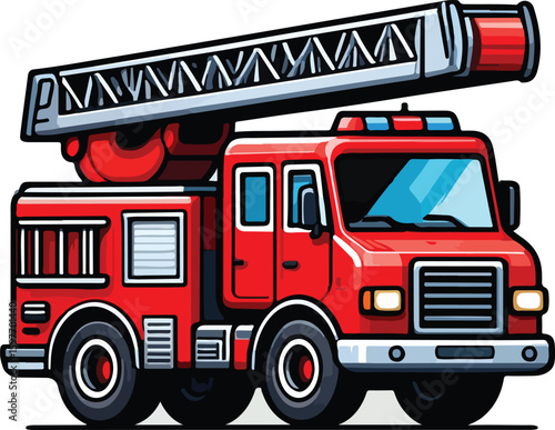 Red fire truck with extendable ladder and emergency lights vehicle Vector illustration EPS download