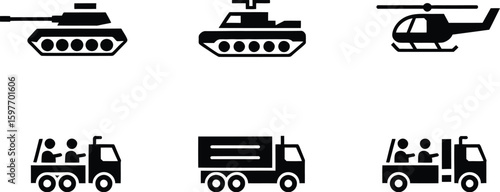 Iconic representation of military vehicles featuring tanks trucks helicopter