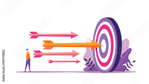 Man looking at arrows hitting target with purple and pink rings and leaves illustration design