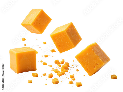 Four cubes of cheddar cheese falling and crumbled isolated on transparent background
