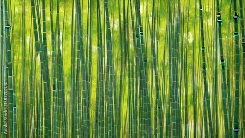 Bamboo Forest Serenity: Close-up shot of a vibrant, emerald bamboo forest, displaying the graceful verticality and textural details of the plants with dappled sunlight.