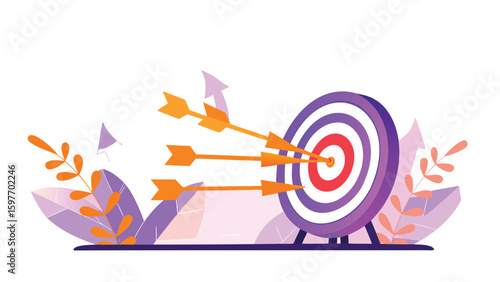 Arrows hitting bullseye target surrounded by decorative leaves and upward pointing arrows design
