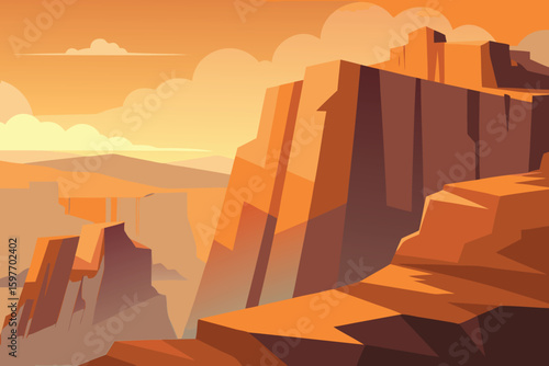 Cartoon Grand Canyon Landscape: Desert Cliffs, Orange Hues, Vector Illustration, Nature Scenery
