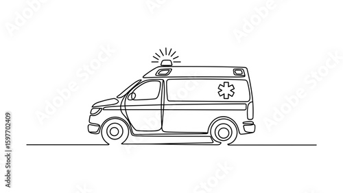 Ambulance van in simple clean continuous line drawing style vector illustration
