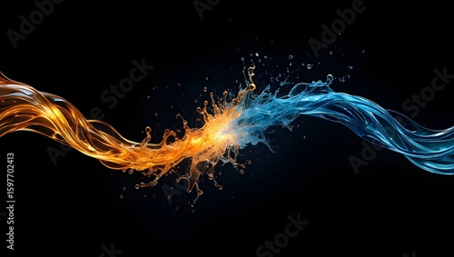 Abstract liquid splash background, blue and orange water collision on black backdrop