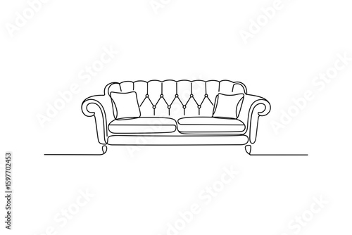 Classic couch with pillows in modern line drawing style, furniture vector illustration