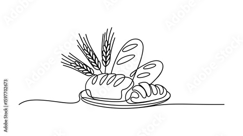 Loaves and baguettes with wheat spikes, bakery goods line sketch vector illustration