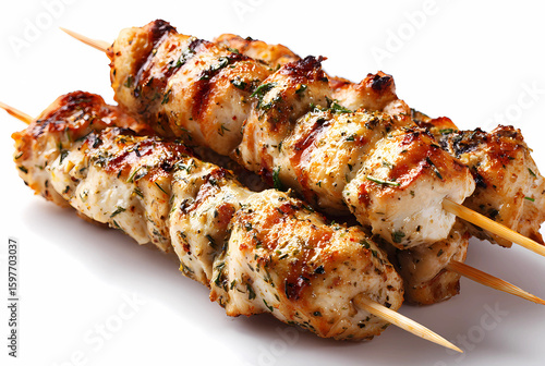 Grilled chicken kebabs are isolated on white background