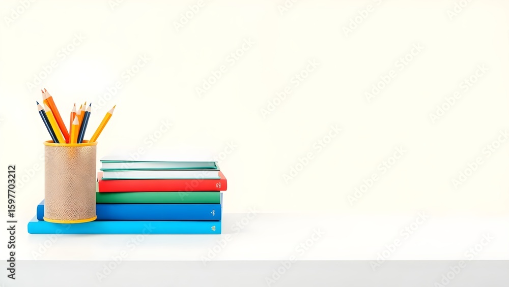 Fototapeta premium Minimalist Stack of Books with Colorful Pencil Holder on White Table with Pastel Background Copy Space