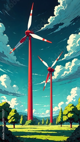 Wind turbines landscape art illustration of renewable energy and green technology use