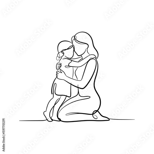 Tender mother and child embrace in continuous line drawing, family care vector illustration