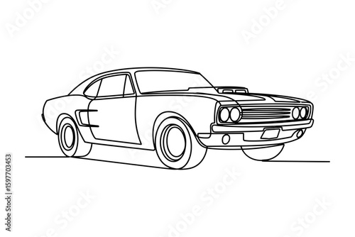 Classic vintage muscle car sketch in single line outline vector illustration